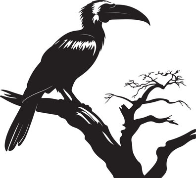 black hornbill perched on tree branch clip art preview