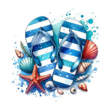 Blue color flip flops with white stripes surrounded by sea shells and star fish