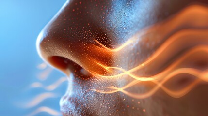 Nasal Sensory: A close-up of a nose with wave patterns, highlighting the role of the olfactory system in detecting and interpreting various scents and odors.
