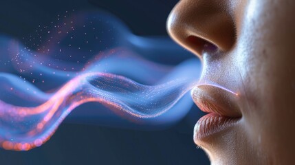 Olfactory System: An image focusing on the human nose with visual waves, symbolizing the detection of odors and the complexity of the sense of smell.
