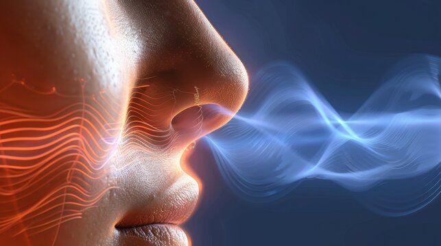 Smell Detection: A detailed depiction of a nose with abstract waves, representing the process of olfaction and the sensitivity of the human sense of smell.
