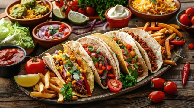 A plate of four different types of tacos with various toppings. Generate AI image