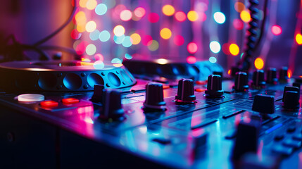 DJ console cd mp4 deejay mixing desk Ibiza house techno dance music wedding reception party in nightclub with colored lighting effect disco lights : Generative AI