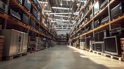 Fototapeta premium A warehouse with a lot of TVs and other electronics. Generate AI image