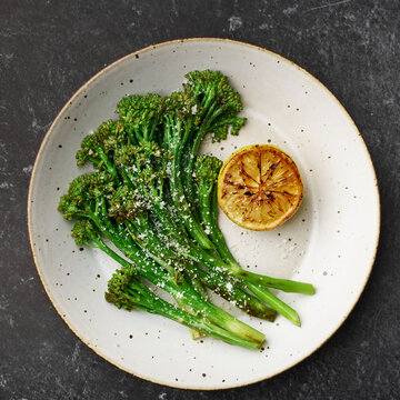 roasted broccolini with cheese and garlic, top view