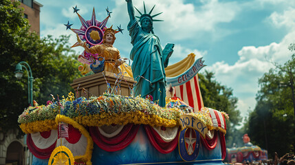 A decorated float in a parade featuring the Statue of Liberty and Uncle Sam, US Independence Day, symbols, hd, colorful with copy space