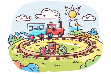 Naklejka premium Cartoon cute doodles of a happy toy train chugging around a miniature railway track, Generative AI