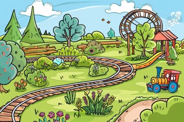 Cartoon cute doodles of a joyful miniature train set circling a beautifully landscaped garden, Generative AI