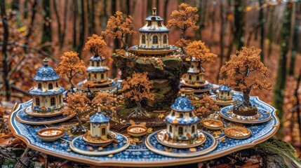 Fototapeta premium Showcase Delft blue items, like plates and tiny houses 
