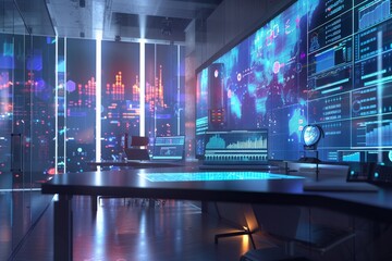 Futuristic Control Room with Digital Displays