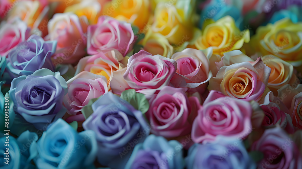 Aufkleber Selective focus of multi colour of artificial roses flowers backdrop Mixed colourful pattern texture of flora Can be used as background for display or montage products Abstract nature  : Generative AI
