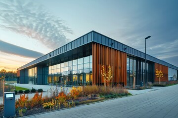 Obraz premium Modern Building With Glass Facade And Wooden Panels