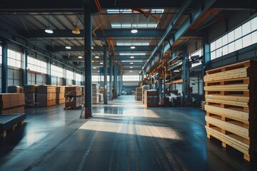 Industrial Warehouse Interior with Sunlight Streaming Through Windows