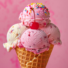 A vibrant close-up photograph of a colorful ice cream cone with multiple scoops of pink and white ice cream, topped with sprinkles and a cherry, against a pink background.