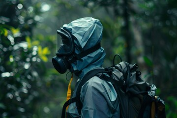 Fototapeta premium A Person Wearing a Gas Mask in a Dense Forest
