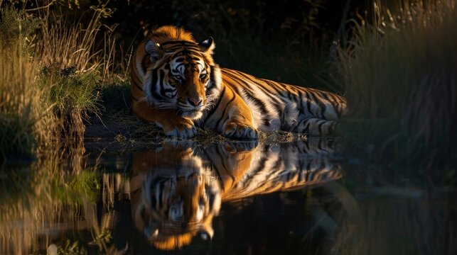 Serene scene of an Amur tiger resting by a tranquil stream, its reflection mirroring in the water under soft sunlight