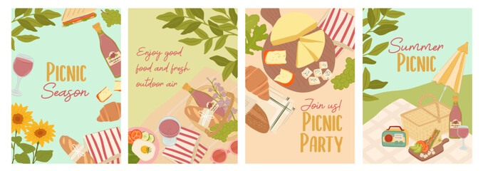 Set of Summer picnic posters for background, invitation and cards with outdoor nature and foods. vector illustration
