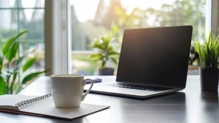 Fototapeta premium Laptop, Coffee Cup, Notebook on Desk by Window