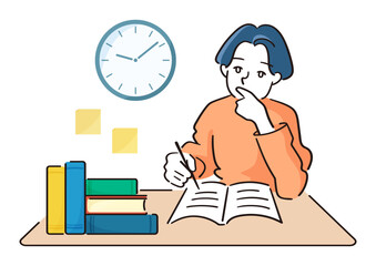 ビジネスシーン 働く人 線画 イラスト 勉強をする人 課題や勉強をする 本とノートとメモ 学習風景　