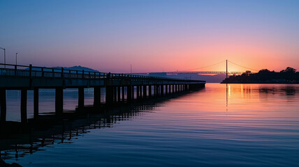 Obraz premium Silhouette of bridge reflects on tranquil waterfront, AI Generative.