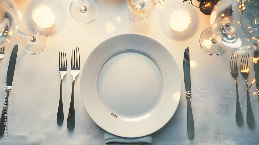 Poster festive wedding birthday party table setting with cutlery and plate menu mockup elegant modern resta