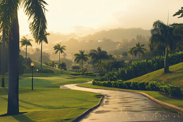 Obraz premium Quiet Golf Course Path with Cart Tracks in a Luxury Resort