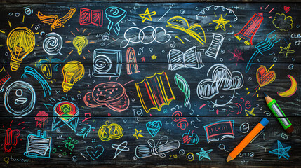 Obraz premium Colorful back-to-school doodles on a chalkboard, perfect for educational materials and academic-themed designs.