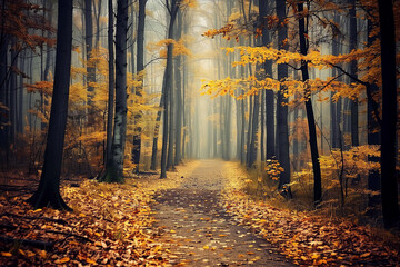 Fototapeta premium Quiet Woodland Path with Leaf-Strewn Trails Deep in the Forest