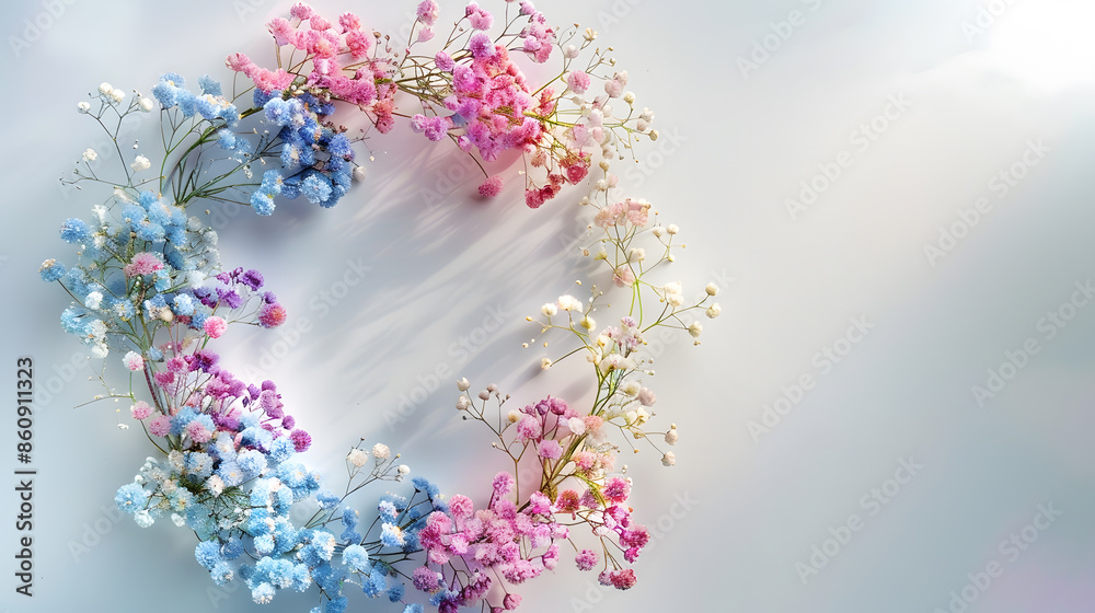Aufkleber small multicolored flowers with babys breath arranged in a circle shape of the wreath  flat lay top view copy space special focus close up : Generative AI