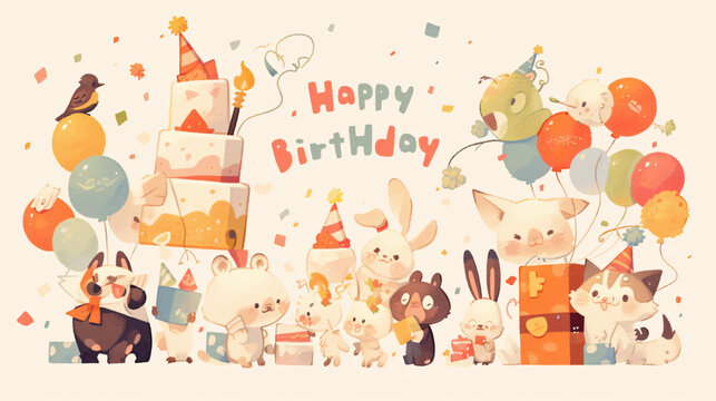 Cute cartoon animals celebrating birthday with cake and balloons for party, celebration, and happy birthday with copy space text - Powered by Adobe