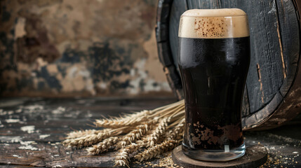 Glass of dark stout beer with wooden barrel and wheat ears on background