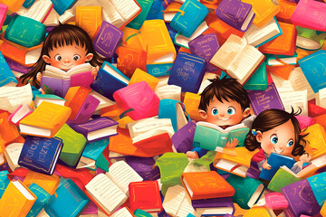 This seamless pattern depicts children reading among a colorful pile of books, creating a joyful and educational theme.