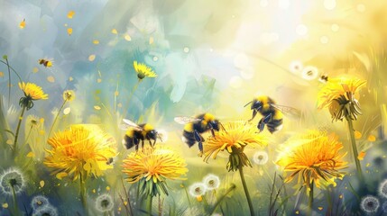 Obraz premium Two bees are flying over a field of yellow flowers. Generate AI image