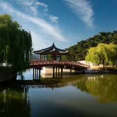 Fototapeta premium A pond landscape with a traditional Korean bridge