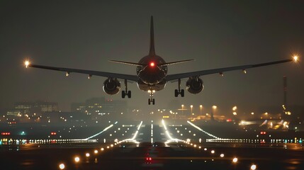 illustration of an airplane taking off at the airport, night, with a background full of blurred lights, flight,
passenger airplane