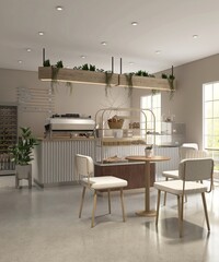 Modern, cozy beige cafe and bakery with counter, professional espresso machine, cake display, tables, chairs, window to backyard for luxury coffee shop, bistro interior design background 3D