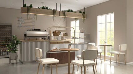 Modern, cozy beige cafe and bakery with counter, professional espresso machine, cake display, tables, chairs, window to backyard for luxury coffee shop, bistro interior design background 3D