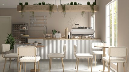 Modern, cozy beige cafe and bakery with counter, professional espresso machine, cake display, tables, chairs, window to backyard for luxury coffee shop, bistro interior design background 3D