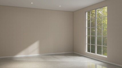 Empty room with beige brown wall in sunlight from white frame glass window to courtyard with tree for luxury, minimal interior design, decoration product space background 3D