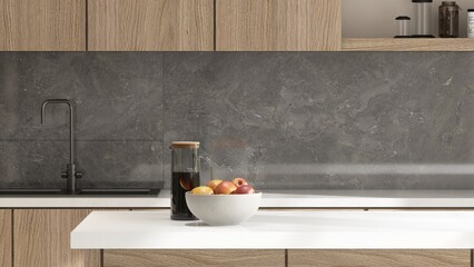 Modern, luxury kitchen with built in wooden cabinet, cupboard, white top island and gray stone splash back in sunlight for cozy interior design decoration, product background 3D