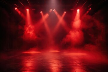 misty dark stage with ethereal red spotlights swirling fog effects dramatic shadows empty space for product showcase