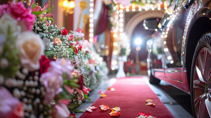 Obraz premium Wedding car Wedding decoration on wedding car Luxury wedding car decorated with flowers selective focus copy space : Generative AI