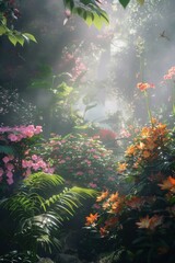 A garden with flowers in a soft dreamy style