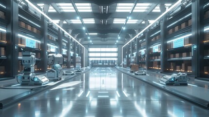 Futuristic Automated Warehouse with Robots, Generative AI