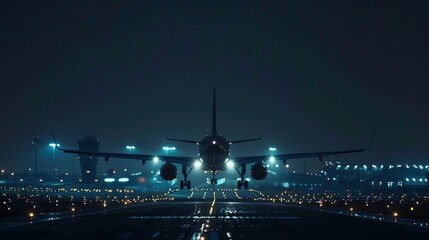 Fototapeta premium illustration of an airplane taking off at the airport, night, with a background full of blurred lights, flight, passenger airplane