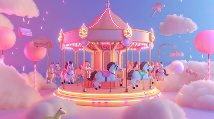 3d illustration A carousel with candy animals and colorful light