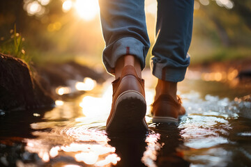 A close-up view of a person&rsquo;s feet wearing shoes, stepping on stones in a small body of water. Sunlight filters through foliage in the background, creating a serene and tranquil scene