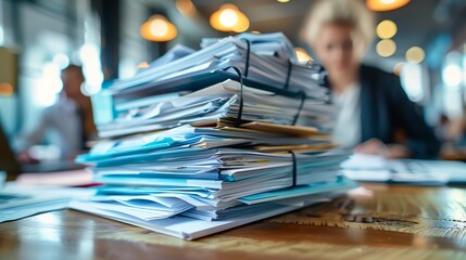 illustration of office employees chasing work targets with files piling up on their work desks, end of month, end of year reports, overtime, looking tired