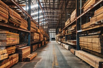 neatly stacked timber planks in an expansive industrial warehouse warm wood tones contrasting with cool concrete and steel surroundings