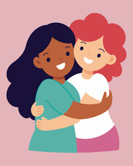 Two girls hugging and smiling for a friend's celebration. Illustration of people hugging together. Celebrating Happy Friendship Day